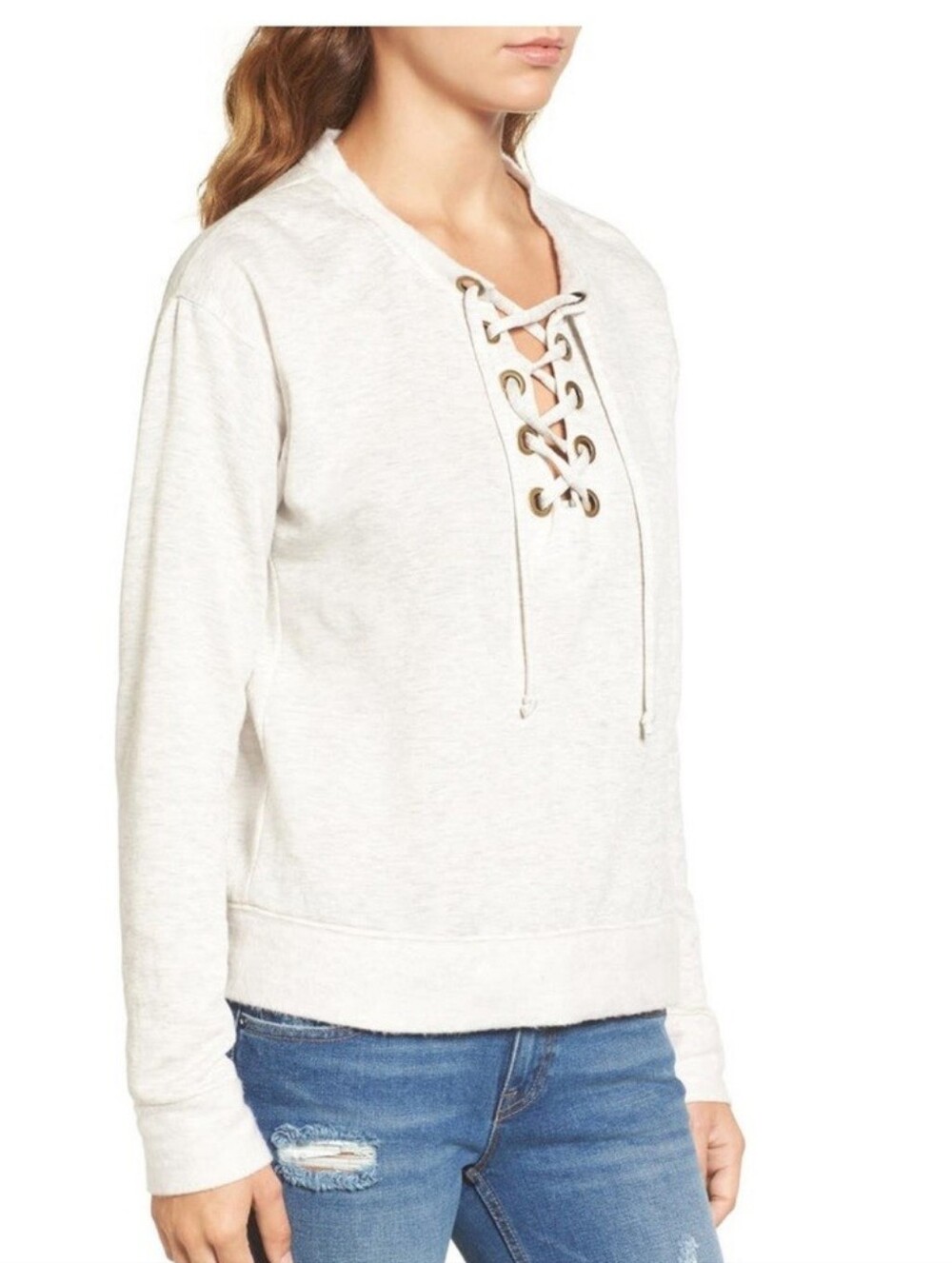 SOCIALITE Grey Lace-Up Pullover Sweatshirt in Light Heather Sz S